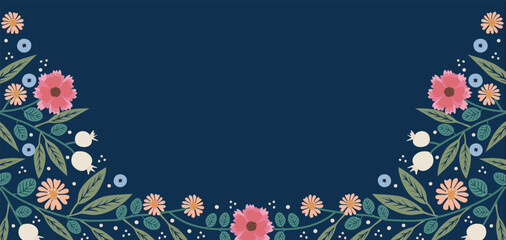 Decorative floral border on navy background with pink and orange daisies, green leaves, white berries, and blue stars in soft watercolor style, creating a whimsical garden frame design