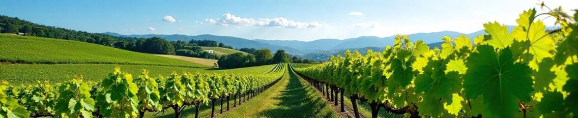 Naklejka premium Sun-Drenched Vineyard Hillsides Ripe for Harvest Lush Green Grapevines in a Picturesque Summer Landscape