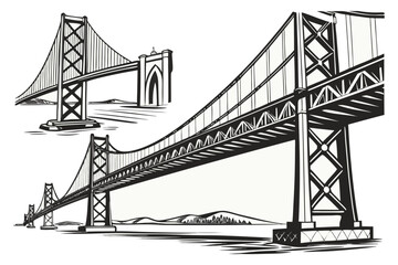 Vector Engineering Bridge Illustration – Architectural Sketch of Historic and Modern Bridges.