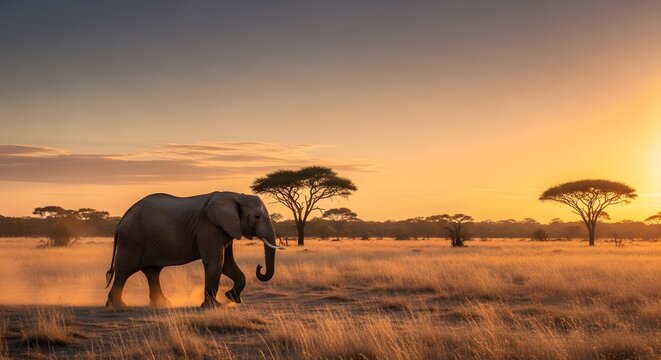 An african elephant walking across the savanna at sunset, with trees silhouetted against the orange sky