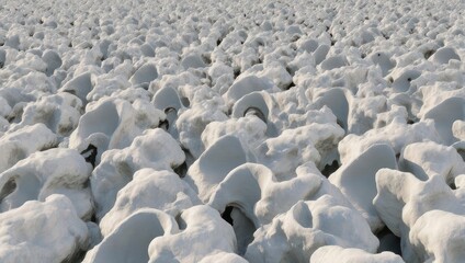 Obraz premium Close-up view of snow-covered, irregular-shaped landscape, rendered with soft shadows and textures
