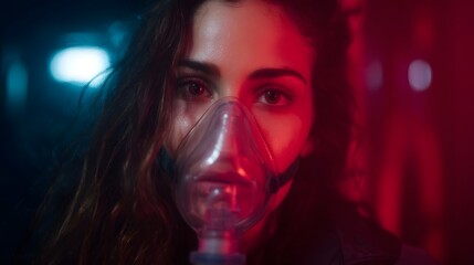 Close up of a woman wearing an oxygen mask intensely lit by red and blue emergency lights in a dramatic medical situation