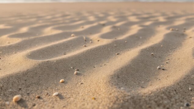 Close-up view of rippled sand on a beach, showing texture and small pebbles under sunlight