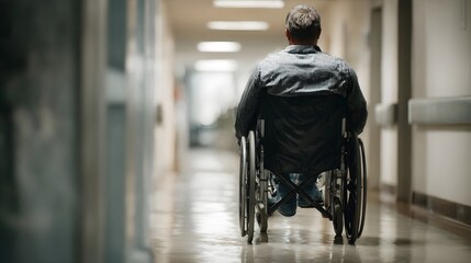 Obraz premium Patient in wheelchair moving down a hospital corridor symbolizing a journey of recovery and hope