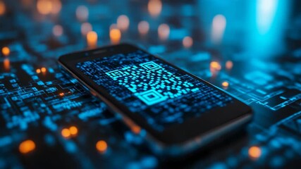 A modern smartphone lying on digital circuit surface displaying a glowing QR code, symbolizing technology, connectivity, data, modern apps, innovation, cyber security, mobile payment, smart systems. - Powered by Adobe
