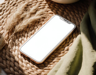 Realistic Smartphone Mockup with Blank White Screen on Woven Mat and Pampas Grass in Natural Light