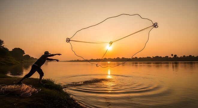 A fisherman throws a large circular net into the river at sunrise, silhouetted against the golden sky, illustrating the enduring relationship between people, water, and traditional fishing in Pakistan