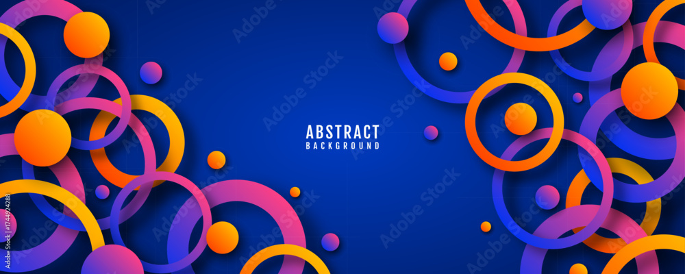 Wall mural abstract colorful circle background with gradient 3d rings and spheres on blue backdrop, modern geom