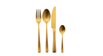 Isolated flatware cutlery set golden color, fork, knife, tablespoon, teaspoon, place setting