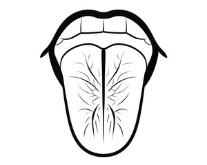 Illustration of an open mouth with teeth and tongue showing veins in black and white drawing style | editable eps vectors silhouette