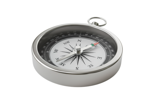 Closeup View of a Silver Pocket Compass isolated on transparent background