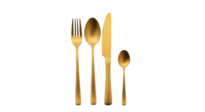 Isolated flatware cutlery set golden color, fork, knife, tablespoon, teaspoon, place setting