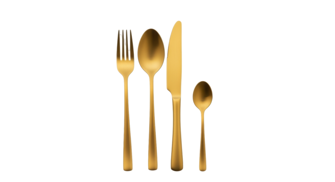 Isolated flatware cutlery set golden color, fork, knife, tablespoon, teaspoon, place setting