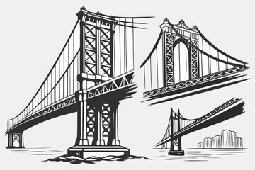 Obraz premium Vector Engineering Bridge Illustration – Architectural Sketch of Historic and Modern Bridges.
