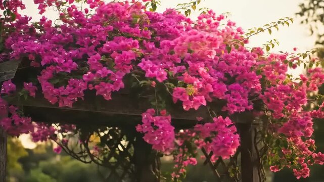 Beautiful pink bougainvillea flowers blooming on a wooden trellis in the garden.