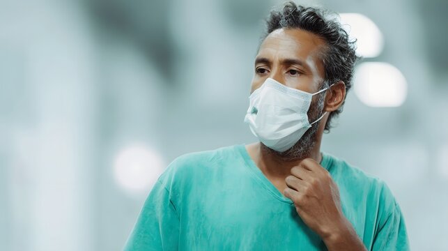 Middle aged man with beard wearing a surgical mask and teal scrubs in a clinic