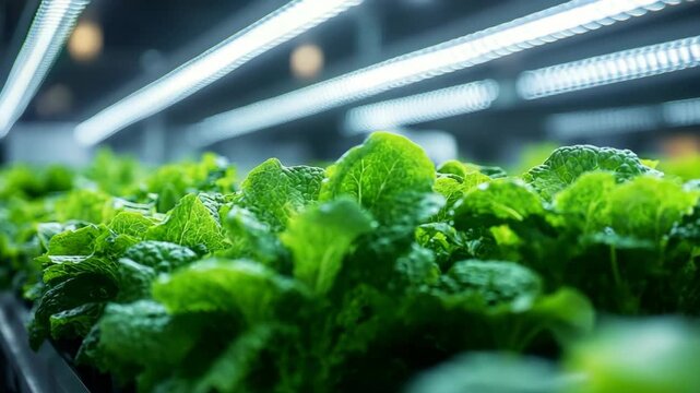 Fresh green lettuce plants growing indoors under LED lights in a vertical farming system, agriculture technology, hydroponics, sustainability, healthy food production, innovation and green energy.