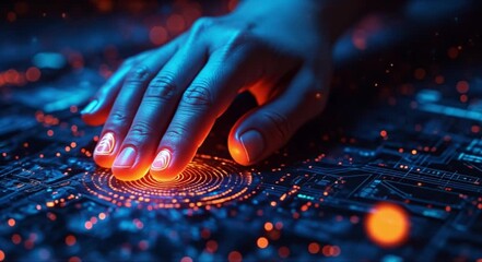 Close-up of a hand interacting with a glowing futuristic digital interface on a circuit board. - Powered by Adobe
