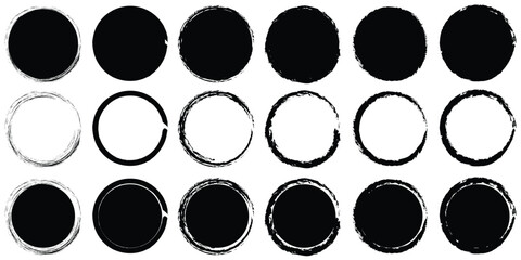 Grunge circles brush set. black circle frames. Round line of red paint. Grunge round shapes. Circular ink brush stroke pro design elements. Set of black brush stroke circle vectors.