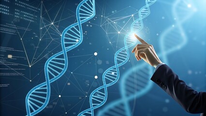 A digital art representation of DNA manipulation, with numerous blue-tinted DNA models floating in a virtual space. 
