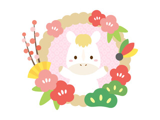 午年の年賀状素材、白馬と正月飾りのしめ縄