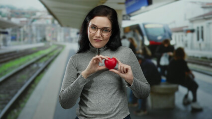 Woman holding red heart and pointing outdoors at a busy train station with passengers around, emphasizing travel and emotion.