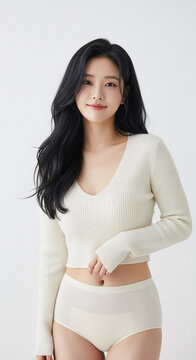 Minimalist portrait of Asian woman in soft neutral knitwear and loungewear