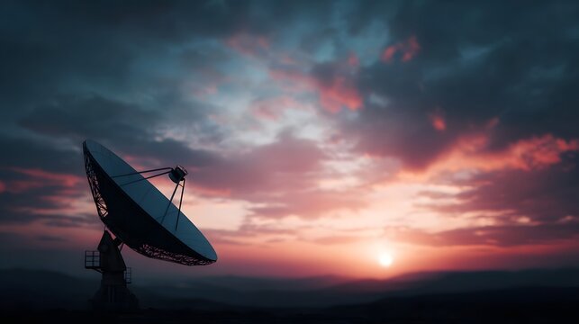 A large satellite dish is silhouetted against a dramatic sunset sky with vibrant clouds