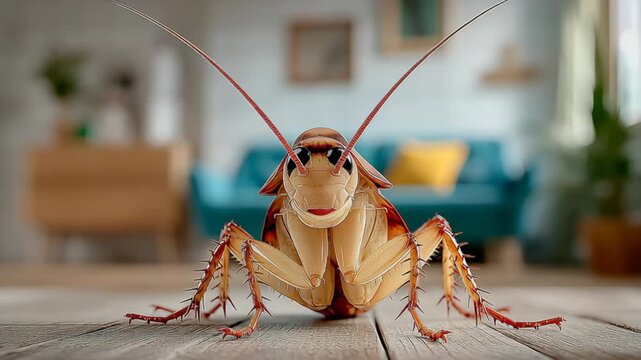 A large, realistic cockroach in a modern living room setting, showcasing detailed textures and colors, with a cozy background
