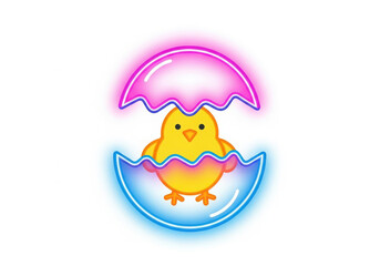 Cute neon chick hatching from an easter egg