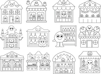 Fototapeta premium Adorable Halloween themed cartoon shops and characters for coloring pages illustration