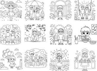 Children and Teenagers Enjoying Outdoor Activities and Seasons Line Art swing sandcastle