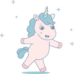 Cute cartoon unicorn dancing, vector clip art for decoration.