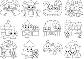 Obraz premium Christmas Themed Cartoon Objects and Buildings Coloring Pages black illustration