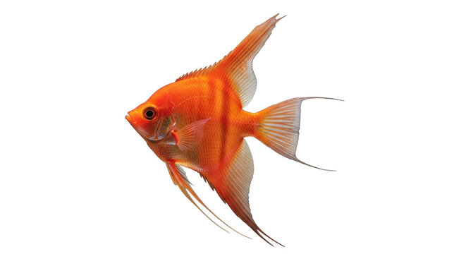 Isolated orange angelfish swimming, with long flowing fins in aquarium, tropical fish pet