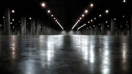 An empty vast industrial hall with rows of lights stretching into the distance creating a strong sense of depth and symmetry