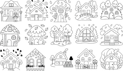 Collection of whimsical hand-drawn outline houses and characters for coloring Keywords: house, home, building, cottage, drawing, outline, black and white, doodle, illustration, cute, whimsical