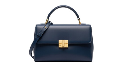 Isolated dark blue elegant handbag with gold clasp, purse for women's fashion needs