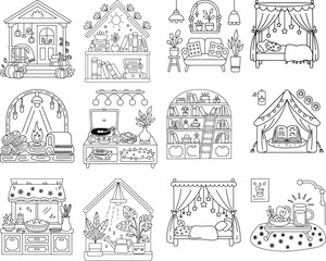 Fototapeta premium Cozy Interior Scenes and Home Decor Elements for Coloring Pages Keywords: interior, home, cozy, room, furniture, bed, sofa, bookshelf, fireplace, window, plants, books, lamp, decorations, pumpkins