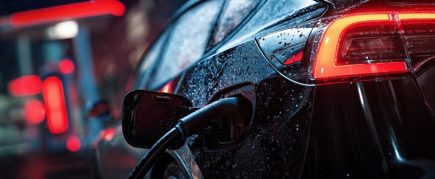 The sleek electric car charging in the rain at a futuristic station.