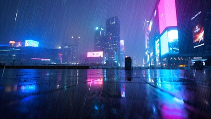 Rainy cityscape at night with neon lights reflecting on wet pavement