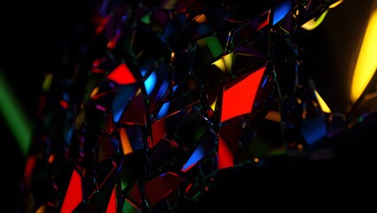 Abstract colorful geometric shapes with light reflections on black background