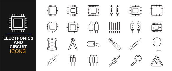 Set of Engineering and Electronics Icons, Featuring Microchips, Tools, and Diodes
