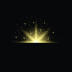 Golden star sparkles confetti with glowing light effect isolated on black background