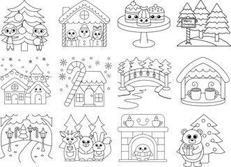 Festive Christmas Characters and Scenes Coloring Pages tree gingerbread house