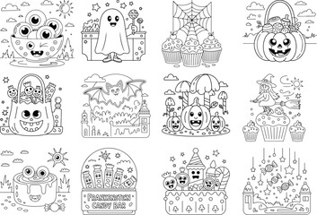 Fun and spooky Halloween cartoon elements and scenes for coloring page illustration