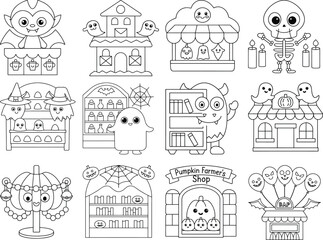 Halloween Themed Coloring Pages with Spooky Characters and Buildings Keywords: halloween, coloring, page, spooky, characters, buildings, vampire, skeleton, ghost, monster, haunted house, shop