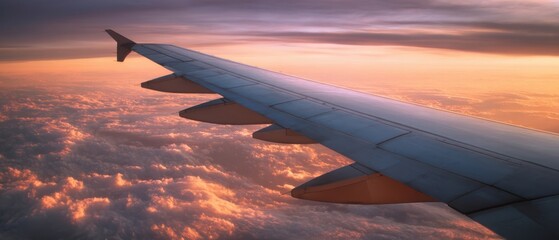 The Airplane Wing Overlooking a Stunning Sunset Above the Clouds