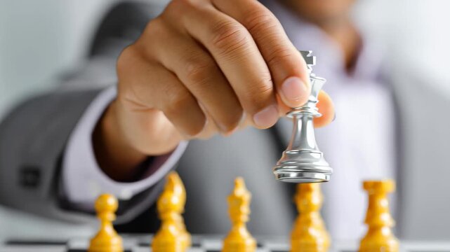 A person in a suit moving a silver chess piece on a chessboard, with yellow pieces in the foreground, symbolizing strategy and competition - Powered by Adobe