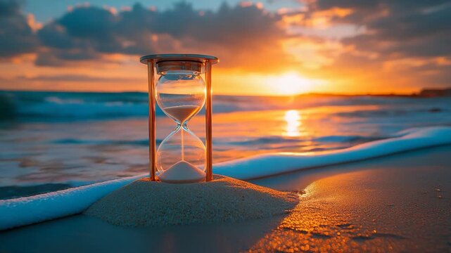 An elegant glass hourglass standing in golden sand at the ocean shore during sunset, glowing with warm light, symbolizing the fleeting nature of time, patience, eternity, reflection of human existence